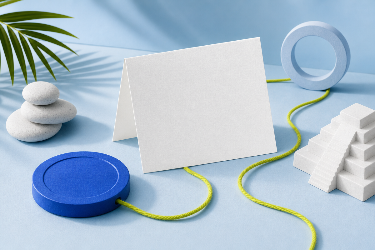 A white card and blue disc connected by a lime thread across a pale blue surface