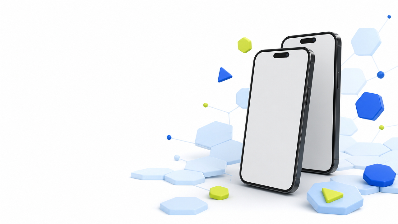 Two dark smartphones surrounded by pale blue hexagons and blue and lime markers