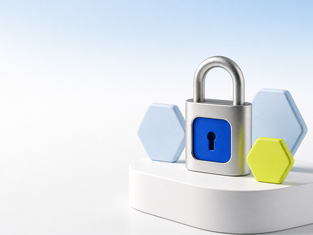 A silver padlock with a blue inset surrounded by pale blue and lime shapes